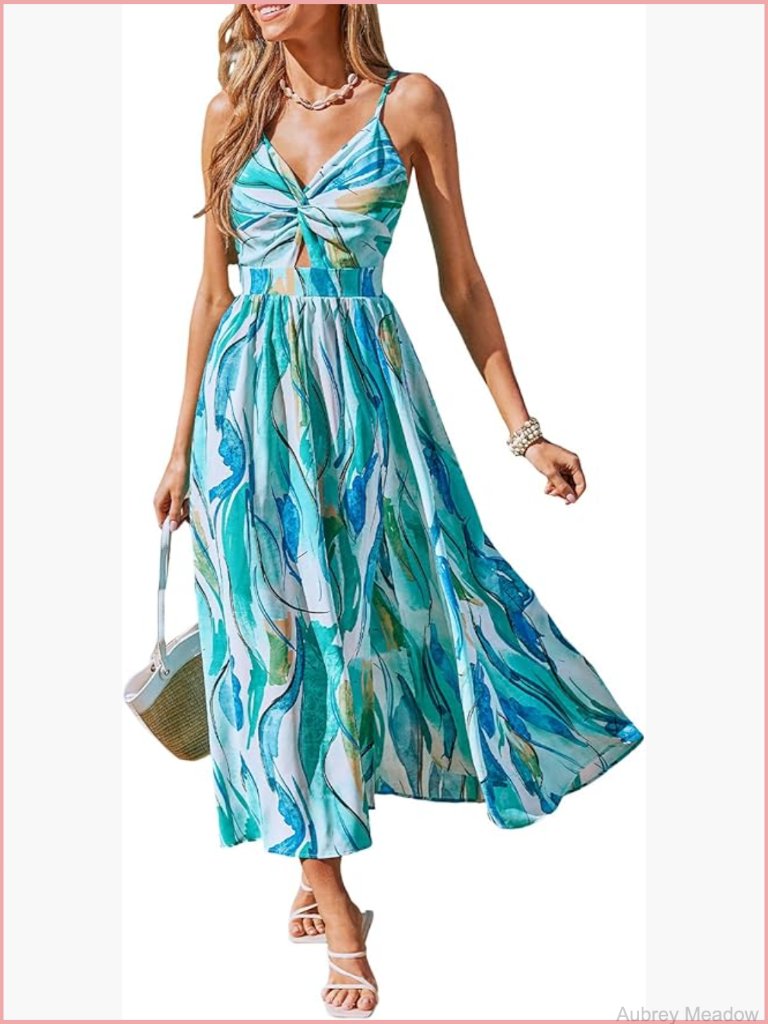 Sleeveless Midi Dress With Side Slit And Cutout, Adjustable Straps, A-Line